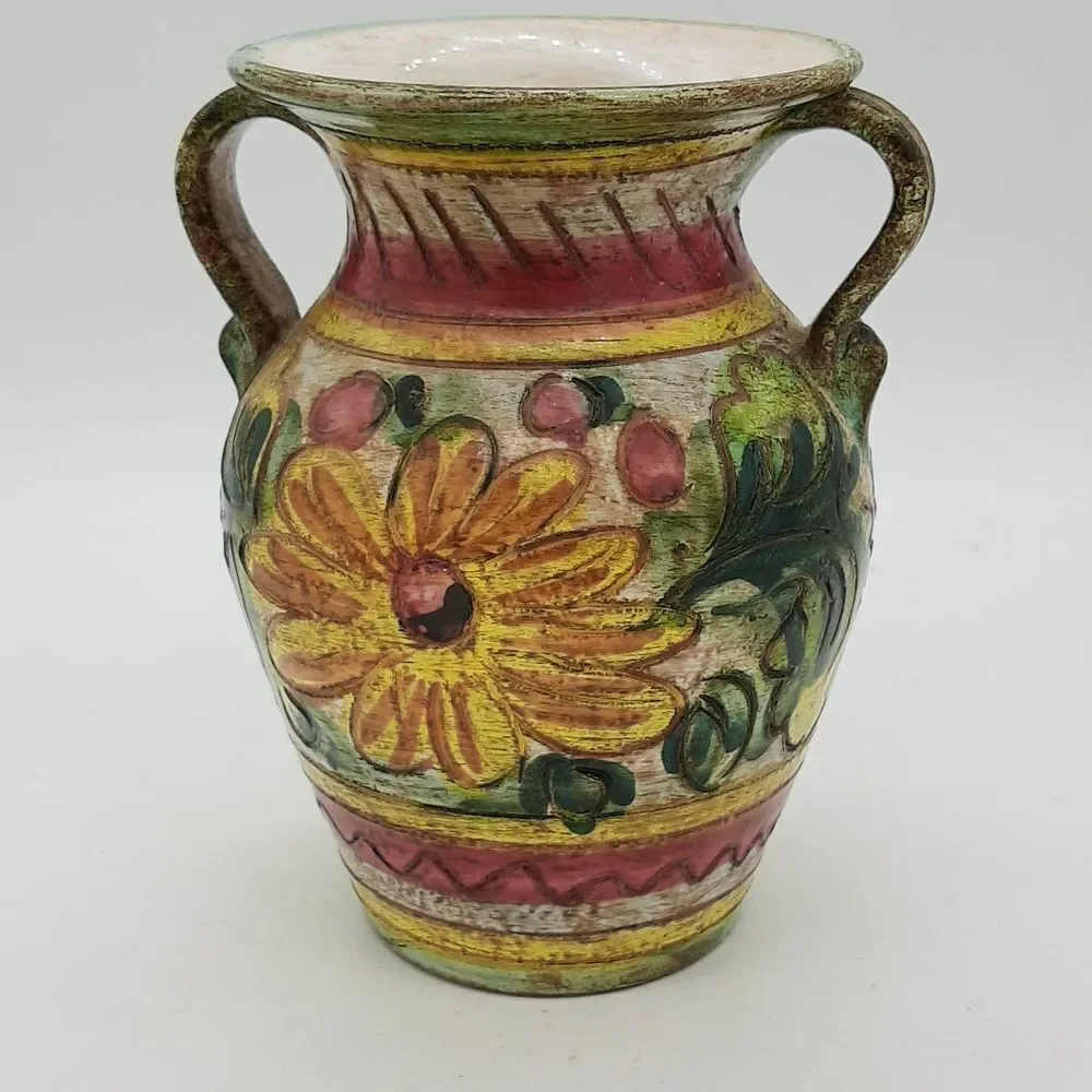 Made in Italy hand painted floral Bud Vase two handle vintage